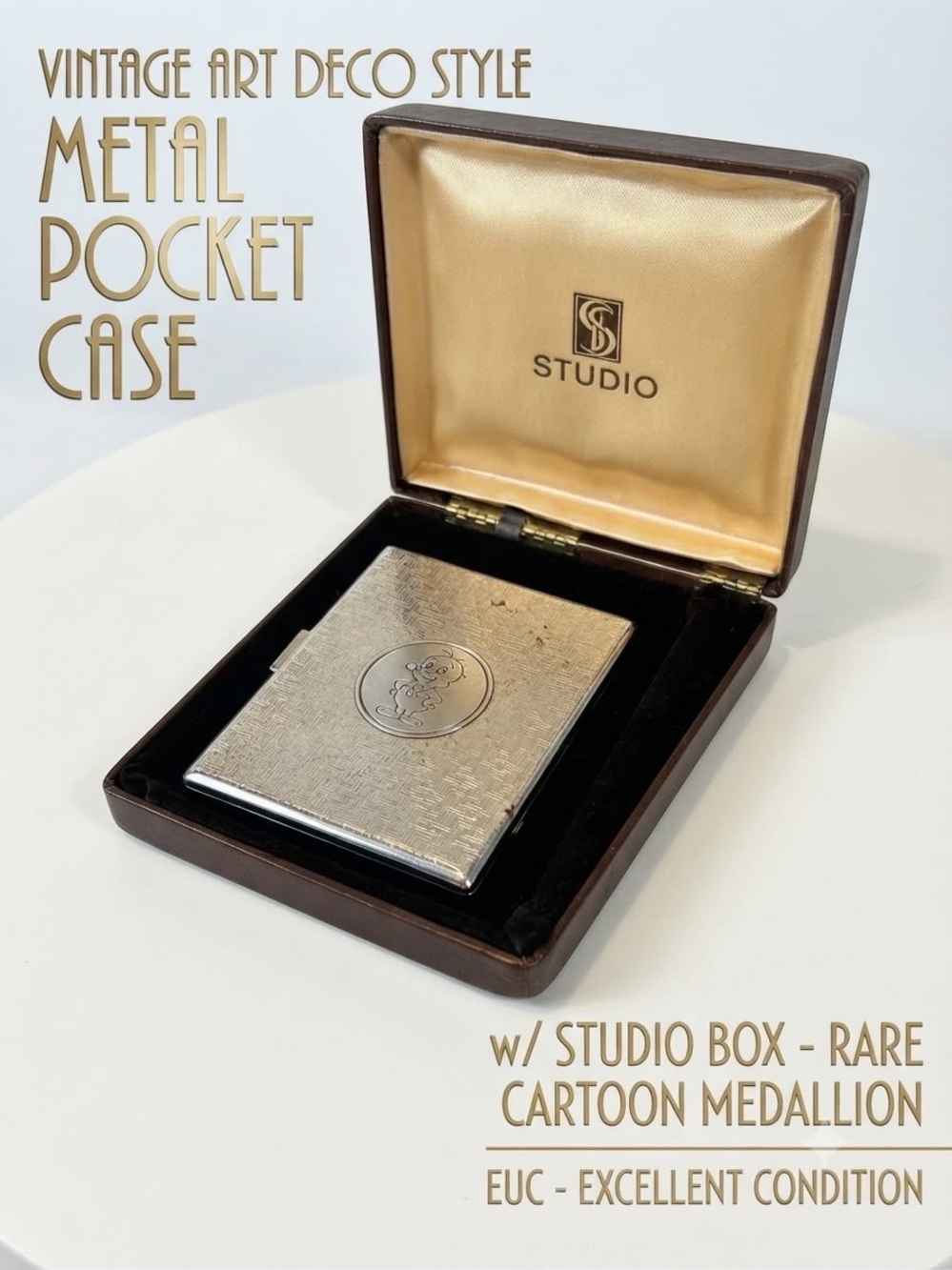 Vintage Art Deco Style Metal Pocket Case w/ Studio Box - RARE Cartoon Medallion